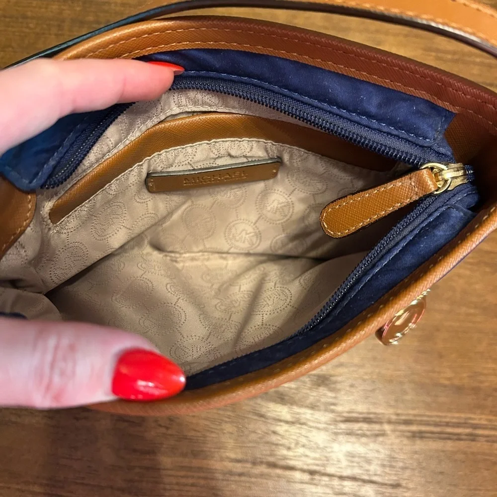 Michael Kors Kempton Blue and Tan Nylon Crossbody Purse